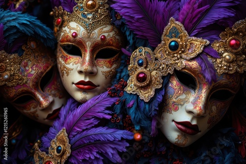 three colorful masks with feathers on them photo