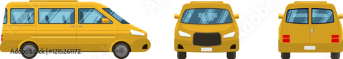 Three vector illustrations presenting a yellow minivan from its front, side and rear view, showcasing its design and features for transportation purposes