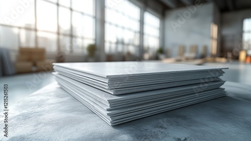 Drywall sheets stacked with varying thickness in a minimalist workshop setting photo