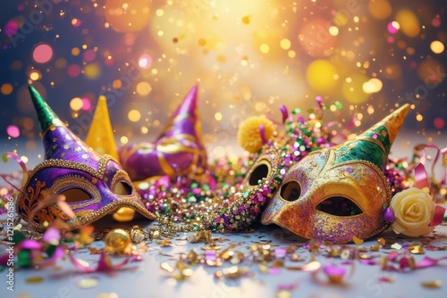 mardi gras masks and confetti on a table photo