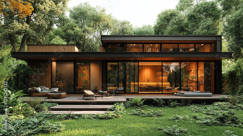 Modern wooden cabin with large glass windows and outdoor seating surrounded by a lush green forest under a clear sky