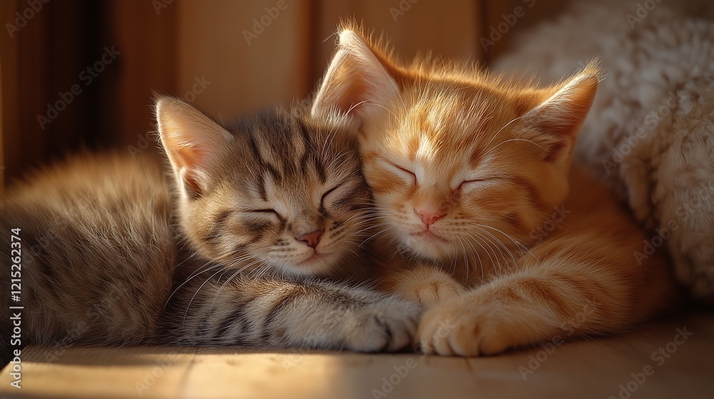 Two kittens cuddled up in a patch of sunlight on a wooden floor with a soft and serene ambiance. Two kittens cuddled up in a patch of sunlight on a wooden floor with a soft and serene ambiance.