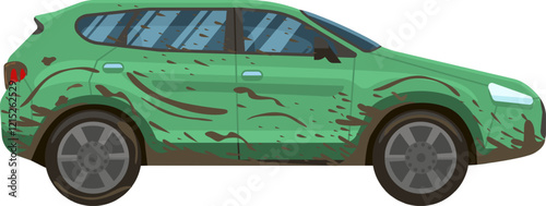 Side view of a green SUV covered in mud, showcasing the aftermath of an adventurous off road trip and highlighting the need for a thorough car wash and cleaning
