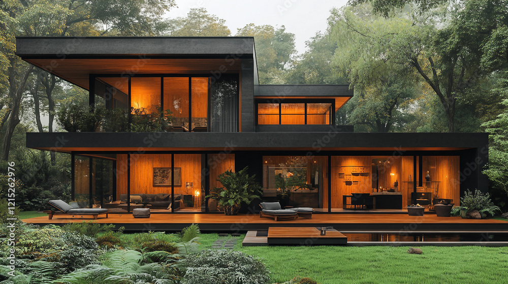 Modern wooden cabin with large glass windows and outdoor seating surrounded by a lush green forest under a clear sky Modern wooden cabin with large glass windows and outdoor seating surrounded by a lush green forest under a clear sky