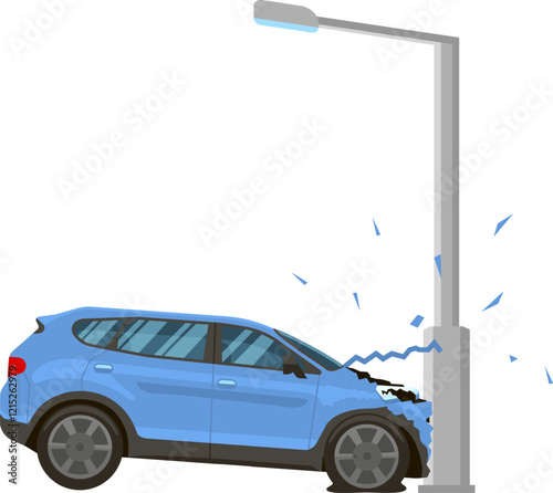 Car accident involving a damaged vehicle crashing into a street light pole, depicting an unpleasant and dangerous situation on a city road in vector illustration