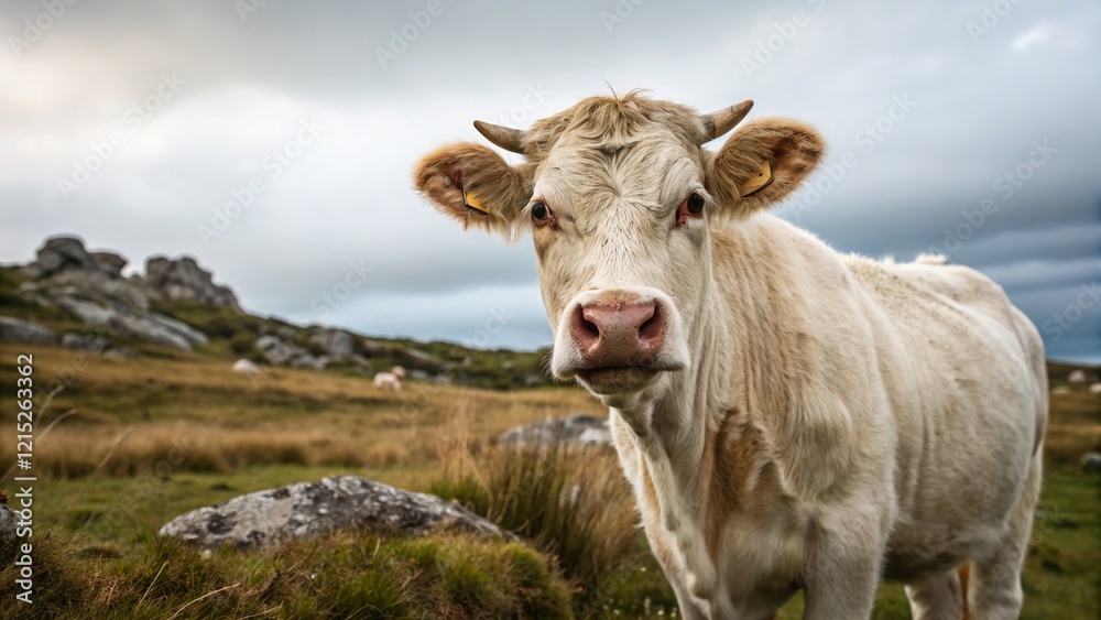 Majestic Charolais Cow Portrait: Headshot in Rocky Pasture Majestic Charolais Cow Portrait: Headshot in Rocky Pasture