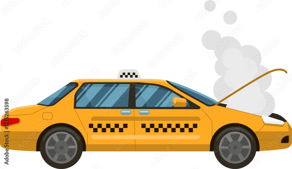 Obraz premium Yellow taxi cab with open hood emitting smoke, experiencing engine trouble and requiring roadside assistance, illustrating transportation problems and vehicle malfunction