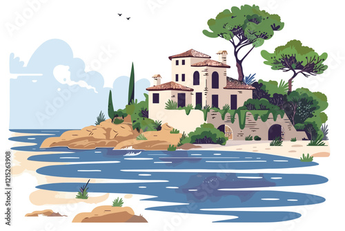 Rustic Mediterranean Villa Overlooking the Sea isolated illustration