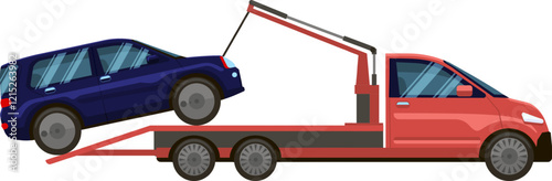Red tow truck transporting a damaged blue car on a flatbed, delivering roadside assistance and support after an accident or mechanical breakdown on city streets