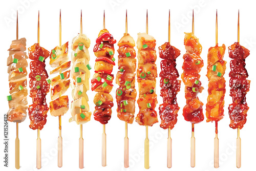 Set of chicken and pork satay isolated illustration