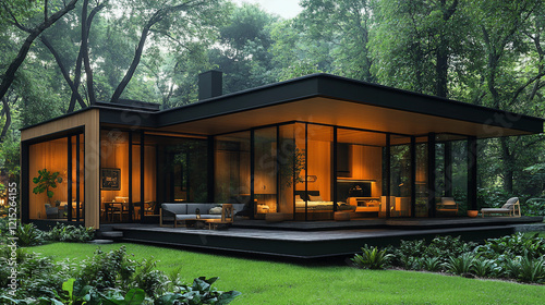 Modern wooden cabin with large glass windows and outdoor seating surrounded by a lush green forest under a clear sky