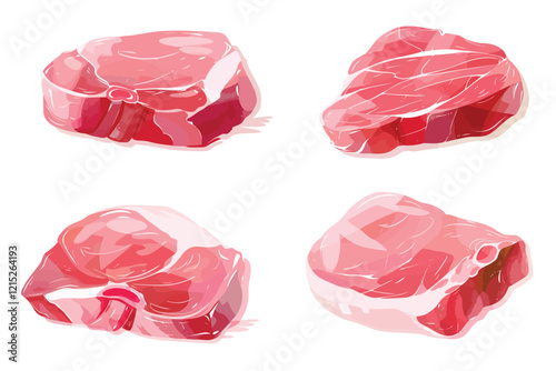 Set of raw slices of pork meat isolated illustration