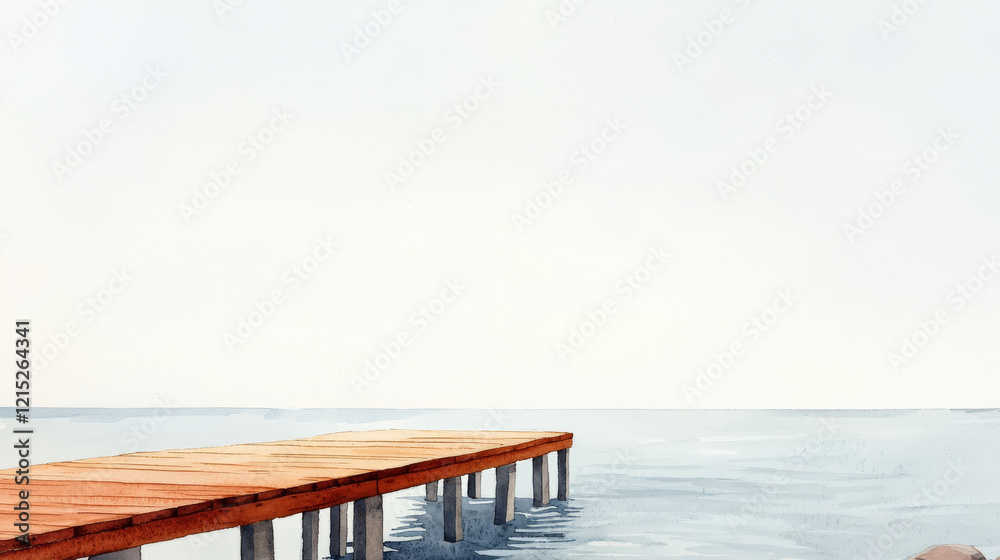 serene wooden pier extends over calm water, creating peaceful atmosphere serene wooden pier extends over calm water, creating peaceful atmosphere