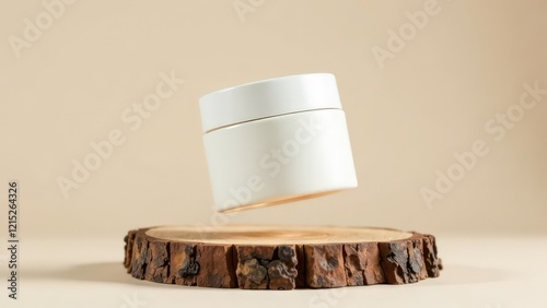 A white cosmetic jar floating in the air, surrounded by dry wood