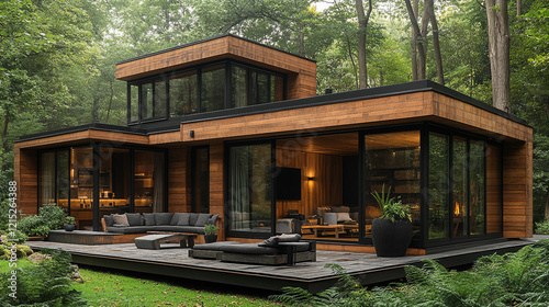 Modern wooden cabin with large glass windows and outdoor seating surrounded by a lush green forest under a clear sky
