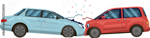Red car and a light blue car are involved in a serious collision, resulting in broken windshields and significant damage to both vehicles, indicating a dangerous accident on the road