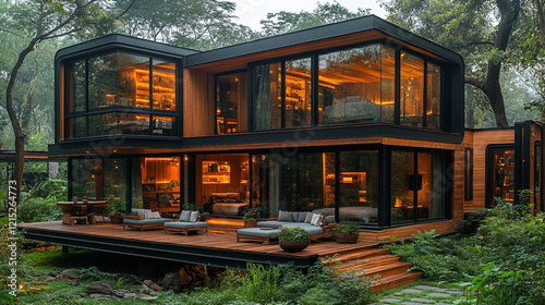 Modern wooden cabin with large glass windows and outdoor seating surrounded by a lush green forest under a clear sky