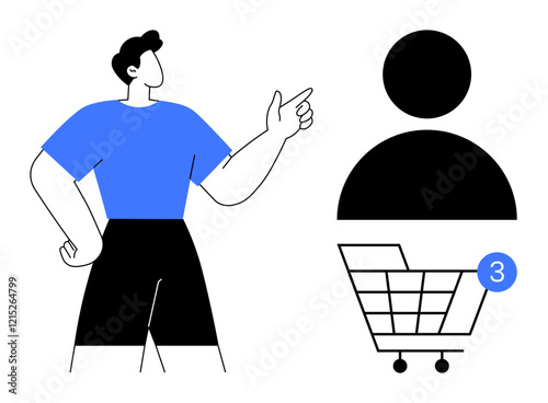 Person pointing at user icon and shopping cart with notification for three items. Ideal for e-commerce, customer support, online shopping, marketing, social media, notifications, user engagement