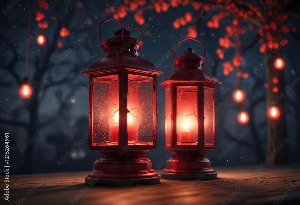 Flickering red lantern with candlelit glow and starry night sky decoration, warm ambiance, rustic charm, autumn evening Flickering red lantern with candlelit glow and starry night sky decoration, warm ambiance, rustic charm, autumn evening