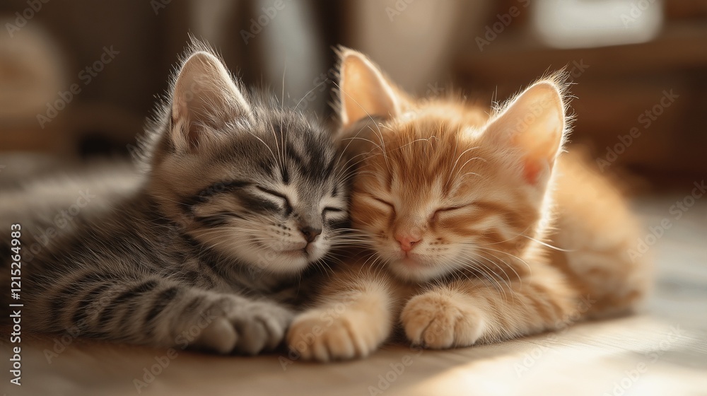 Two playful kittens with soft fur lying on a wooden floor with sunlight streaming through a nearby window. Two playful kittens with soft fur lying on a wooden floor with sunlight streaming through a nearby window.