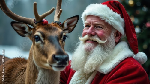 a funny photo of Reindeer is frended with Santa Claus photo