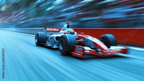 Racecar speeding, track blur, crowd cheering, motorsport ad