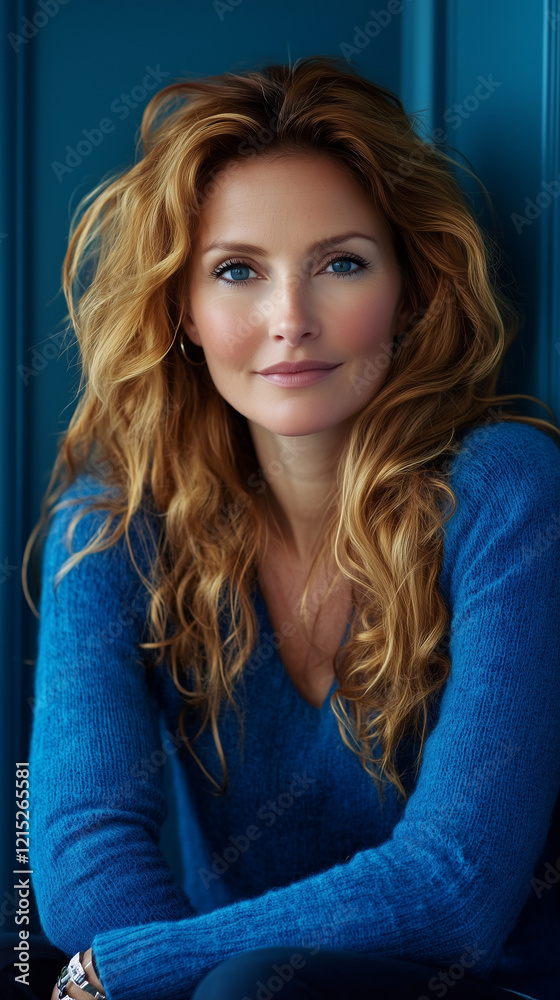 Fototapeta premium Portrait of a woman with curly blonde hair, wearing a blue sweater, seated indoors.