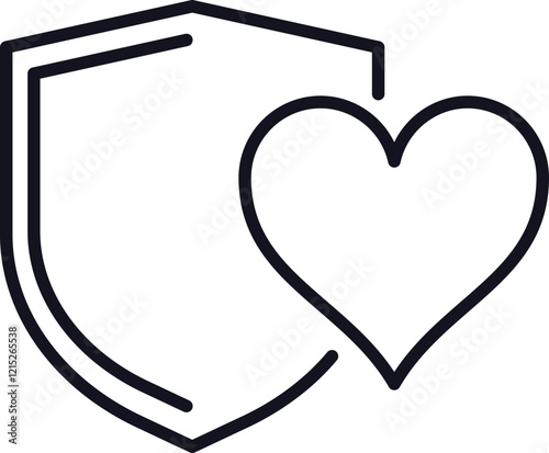 Simple and minimal line art icon featuring a shield safeguarding a heart, symbolizing health insurance, healthcare, love, and protection for individuals and families