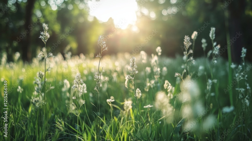 Obraz premium Sunlight spills over a field, softly illuminating delicate wild grasses, evoking a tranquil, idyllic natural scene.