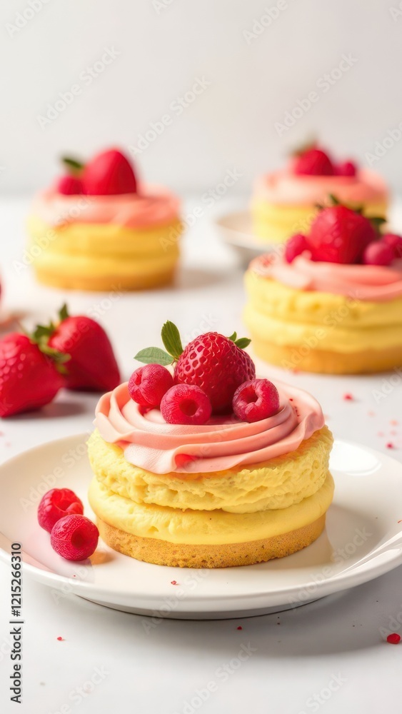 beautiful cakes with berries on a light background, top view, vertical image beautiful cakes with berries on a light background, top view, vertical image