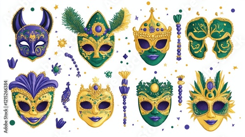 Wallpaper Mural A collection of Mardi Gras themed masks and decorations in vibrant colors on a white background Torontodigital.ca