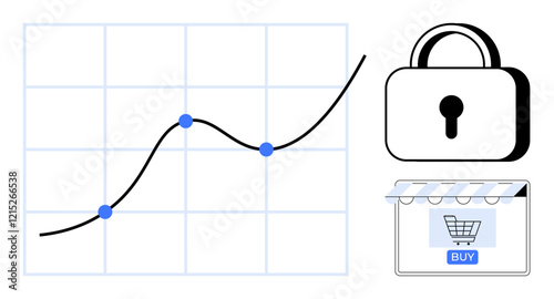 Line graph with data points, padlock indicating security, and online store icon with buy button. Ideal for e-commerce, data analysis, security, online shopping, digital markets, growth trends