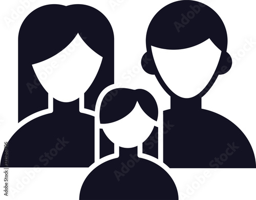 Stylized vector graphic depicting a family unit composed of a mother, father and daughter, symbolizing family values, relationships, and parental love