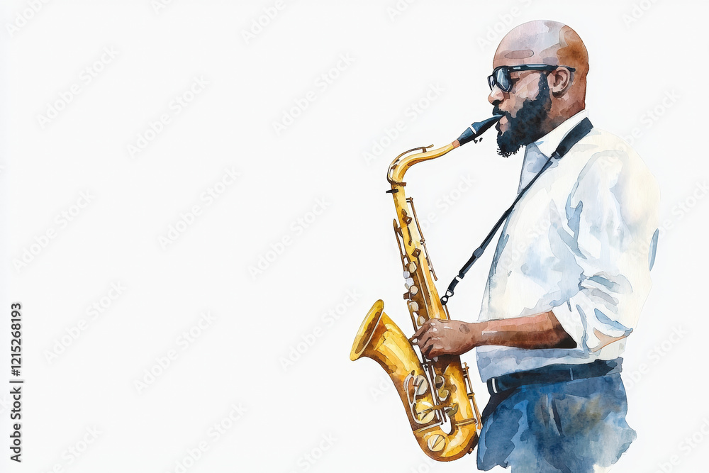 Fototapeta premium man playing saxophone in watercolor style, showcasing musical talent and passion