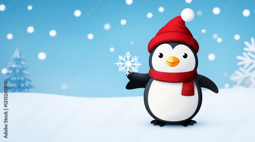 Festive Penguin in Winter Wonderland - Adorable cartoon penguin wearing a red hat and scarf holds a snowflake in a snowy landscape. Perfect for winter holidays. Festive Penguin in Winter Wonderland - Adorable cartoon penguin wearing a red hat and scarf holds a snowflake in a snowy landscape. Perfect for winter holidays.