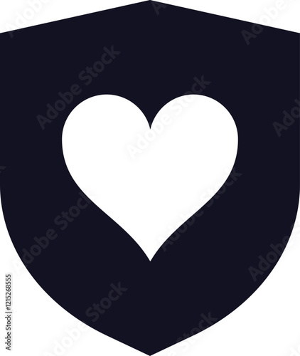 Minimalist vector illustration featuring a dark shield encompassing a white heart, symbolizing protection, security, love, care, and well being