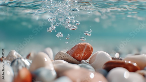 Bubbles rise above colorful pebbles underwater, capturing the playful essence of a serene aquatic scene. photo