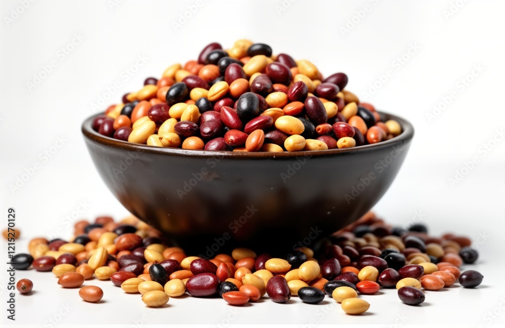 Dark brown bowl overflowing with colorful mix of dried legumes. Beans display variety of colors, textures. Beans spill out of bowl onto white background. Healthy eating concept. Food ingredient. Dark brown bowl overflowing with colorful mix of dried legumes. Beans display variety of colors, textures. Beans spill out of bowl onto white background. Healthy eating concept. Food ingredient.