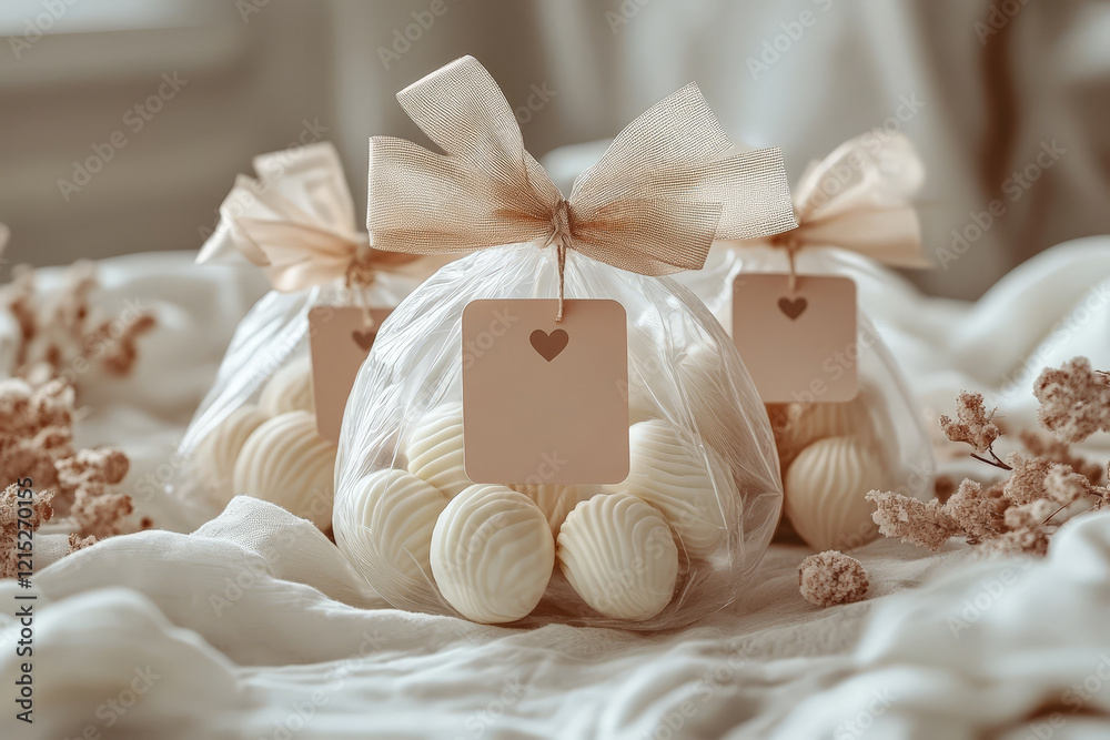 Decorative white chocolate truffles in clear packaging with heart-shaped tags and beige ribbon, perfect for gifting.