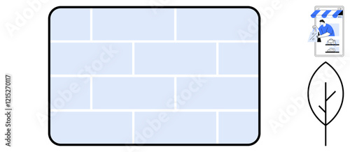 Blue rectangular brick wall with rounded corners occupies majority. Upper right features storefront with person and product display. Beside, basic black outlined leaf sketch. Ideal for architecture