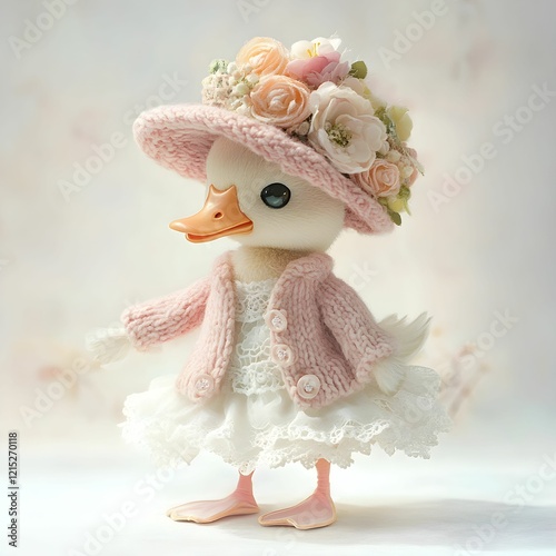 Adorable duck girl with pink coat and lace dress illustration