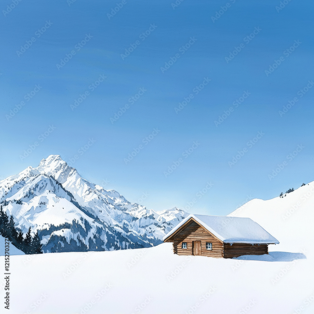 serene winter landscape featuring wooden cabin surrounded by snow covered mountains and clear blue sky serene winter landscape featuring wooden cabin surrounded by snow covered mountains and clear blue sky
