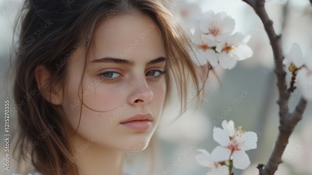 A serene young woman gazes contemplatively, framed by white blossoms, capturing a tranquil mood amid delicate spring blooms. A serene young woman gazes contemplatively, framed by white blossoms, capturing a tranquil mood amid delicate spring blooms.