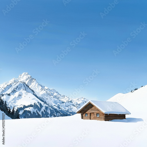 serene winter landscape featuring wooden cabin surrounded by snow covered mountains and clear blue sky