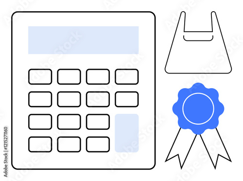 Simplified calculator, outlined shopping bag, blue award ribbon with tails. Ideal for business, finance, achievement, retail, shopping e-commerce education. Flat design minimalistic style