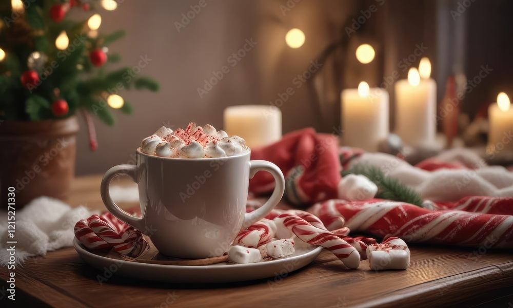 Fototapeta premium Cozy wintery scene featuring a cup of hot chocolate with marshmallows and candy canes on a side table, holiday, winter wonderland