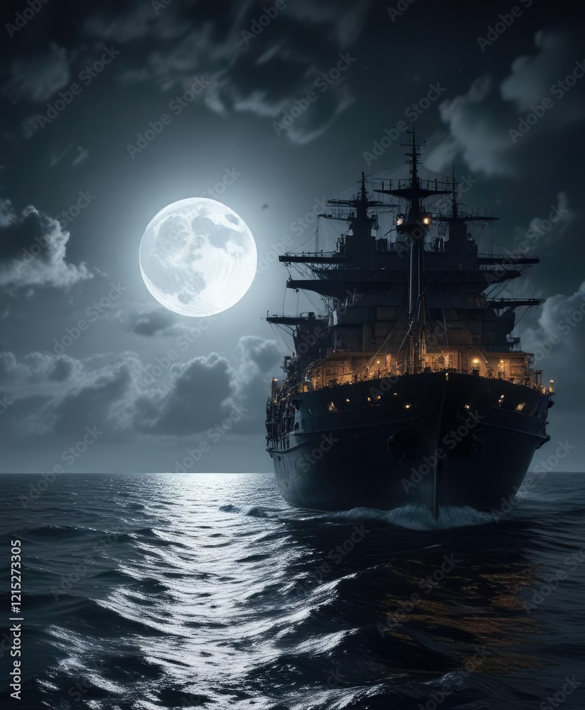 Fototapeta premium Dark cargo ship sails across the moonlit ocean, dark ocean, shipping at night, maritime traffic