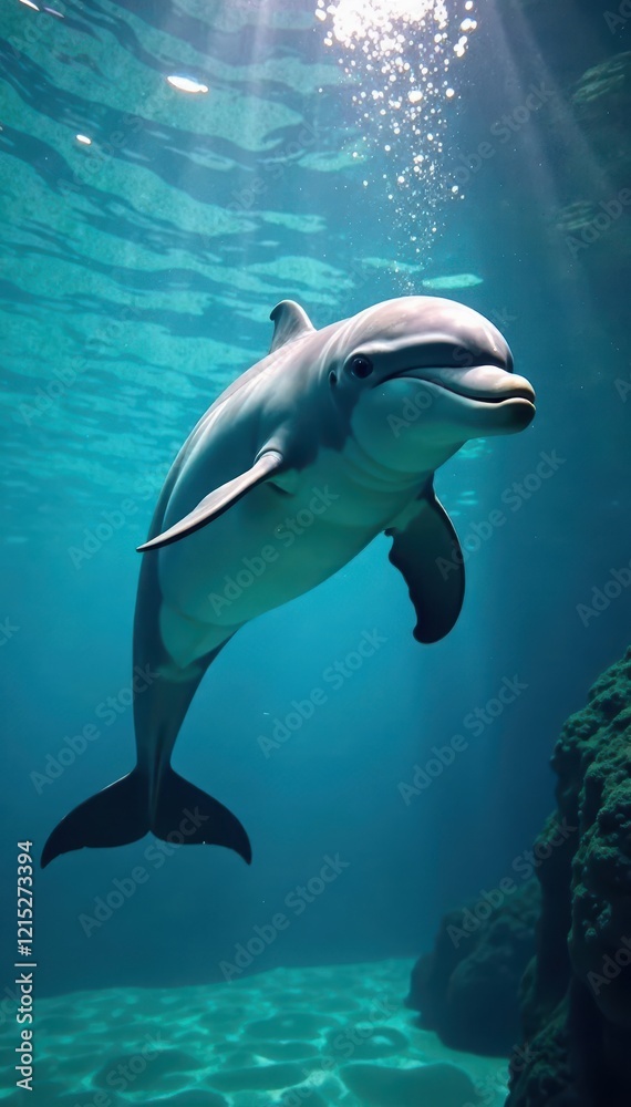 Obraz premium Dolphin swims close to camera lens underwater, swimming, wildlife, aquatic