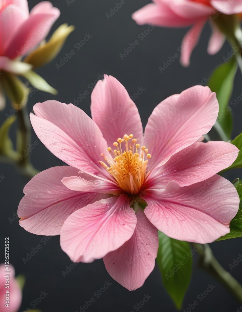 Closeup of tiny peach flower with delicate pink petals unfolding, blossom, botanical, bloom Closeup of tiny peach flower with delicate pink petals unfolding, blossom, botanical, bloom