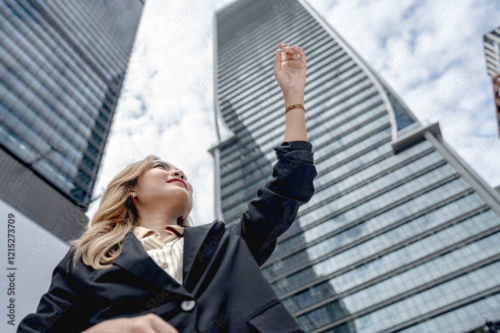 Confident businesswoman with arms crossed, standing tall against a backdrop of modern skyscrapers. A symbol of ambition, empowerment, and leadership in a thriving urban environment. Confident businesswoman with arms crossed, standing tall against a backdrop of modern skyscrapers. A symbol of ambition, empowerment, and leadership in a thriving urban environment.